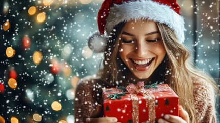 Wall Mural - Happy young woman opening a Christmas present box