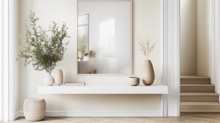 Aufkleber - A bright, modern interior features a sleek wall-mounted shelf adorned with vases and greenery. The soft color palette and natural light create a serene atmosphere perfect for relaxation.