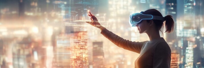 Aufkleber - An augmented reality architect designs glowing structures in a futuristic cityscape using AR glasses in late evening light. Generative AI