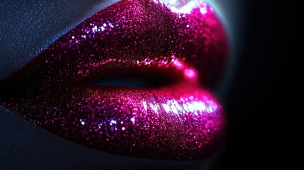Poster - Glossy, vibrant lips shine with a dazzling finish, showcasing beauty and elegance in a striking close-up view at night. Generative AI