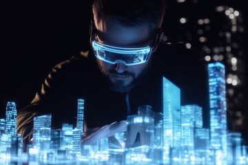 Aufkleber - Augmented reality architect designs glowing virtual buildings in a futuristic cityscape during nighttime. Generative AI