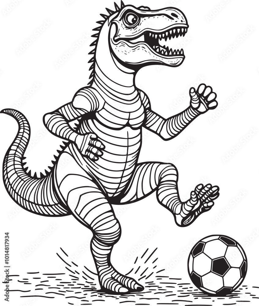 Coloring illustration of Cute cartoon dinosaur playing soccer with ball ...