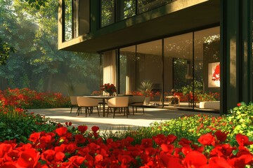 Forest green contemporary abode surrounded by ruby red blooms, with large windows and a sand-colored dining set