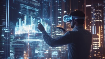 Aufkleber - An augmented reality architect designs virtual buildings in a futuristic cityscape with AR glasses at night. Generative AI