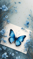 A beautifully illustrated blue butterfly resting on a white sheet of paper surrounded by delicate blue flowers and soft foliage. The background features a gradient of blue tones.