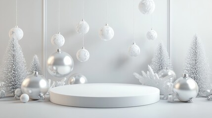 white podium with white background and christmas ornament decoration , front view , for product adve