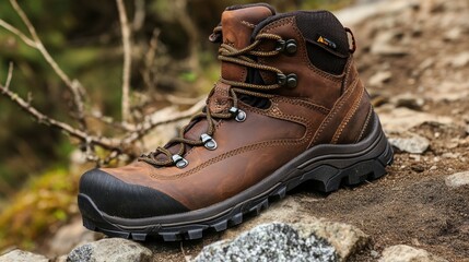 A brown hiking boot resting on a rocky trail, with detailed textures of the leather and laces