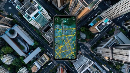 Aerial view of smartphone with map displaying highlighted route for location sharing, showcasing modern navigation and digital connectivity in urban environment.