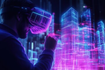 Aufkleber - An augmented reality architect creates virtual buildings in a high-tech cityscape using AR glasses for innovative design. Generative AI
