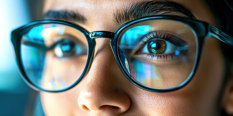 a woman with glasses is smiling and looking at the camera