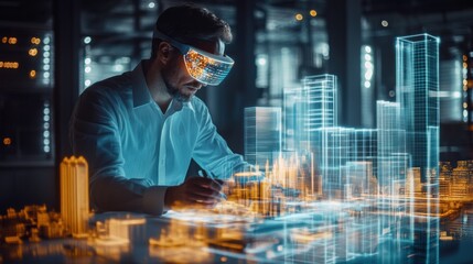 Aufkleber - An architect employs augmented reality glasses to create glowing virtual buildings in a bustling, high-tech urban environment
