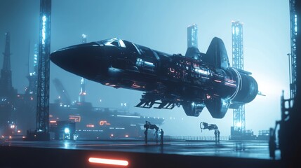 Poster - A sleek, advanced spacecraft is positioned in a docking bay, surrounded by illuminated structures and robotic equipment. The atmosphere is misty, enhancing the futuristic theme under dim lighting.