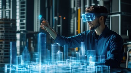 Aufkleber - An architect uses augmented reality glasses to design futuristic buildings in a high-tech urban landscape. Generative AI