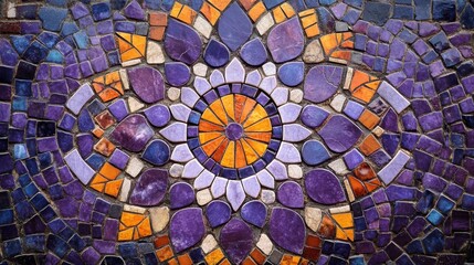 Fototapete - A close-up of a detailed purple mosaic design, with intricate tiles forming a symmetrical and colorful pattern.