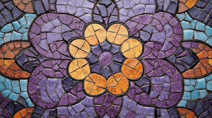 Fototapete - A close-up of a detailed purple mosaic design, with intricate tiles forming a symmetrical and colorful pattern.