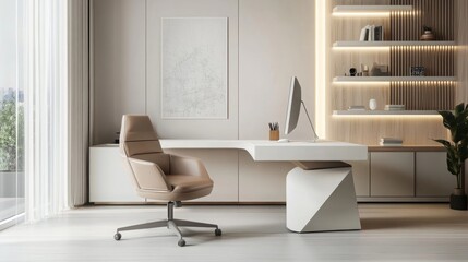 Poster - An office chair with a light brown leather seat and a metal base sits in front of a white desk. The desk is curved and has a white surface and white drawers
