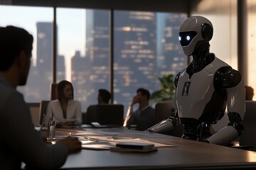 Robots are leading a meeting with business professionals and officially using robots for work