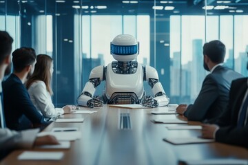Robots are leading a meeting with business professionals and officially using robots for work