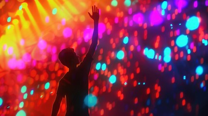 Wall Mural - A person standing in front of a vibrant light installation, perfect for use in festival or event promotions