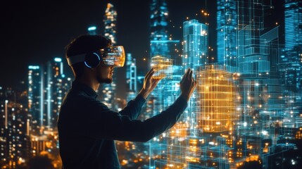 An augmented reality architect designs virtual buildings in a futuristic cityscape using AR glasses to create glowing structures. Generative AI