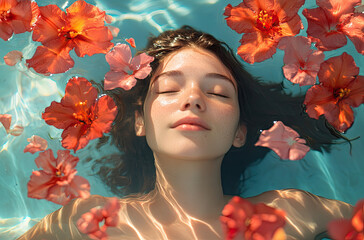 Poster - a beautiful woman floating in water, surrounded by red and orange flowers, with sun-kissed skin, long hair, and closed eyes.