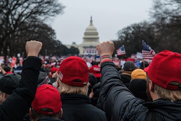 Rally in the elections in the United States. A crowd of people are holding up their hands and wearing red hats