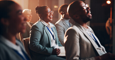 Poster - Business, woman and writing at meeting seminar for notes, listening and corporate training of speech. Person, crowd and laugh of presentation joke, learning information and coaching feedback at event