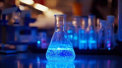 Poster - A laboratory setup features a glowing blue liquid in a flask, surrounded by various test tubes, highlighting an exciting experiment