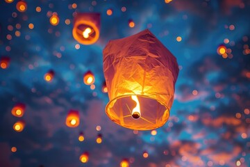 Wall Mural - A colorful sky lantern with a lit candle illuminating the interior