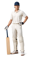 Pro cricket full body portrait with his bat in full white uniform on isolated background