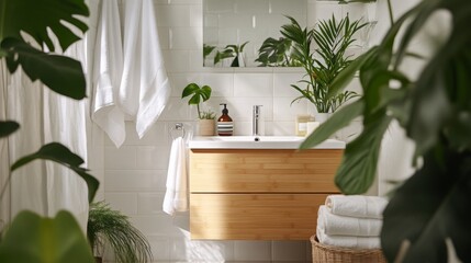 Fototapete - A modern bathroom with white tile and a wooden vanity. The vanity has two drawers and a white countertop. A white hand towel is hanging on a hook near the sink