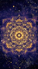 Wall Mural - a mesmerizing golden mandala set against a deep purple cosmic background, radiating harmony and intr