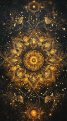 Wall Mural - A stunning golden mandala design adorned with intricate floral patterns, glowing against a dark background, perfect for artistic projects.
