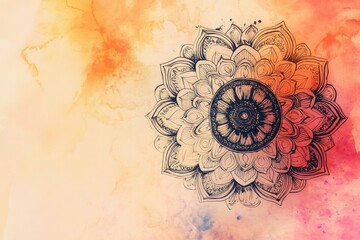 Wall Mural - A stunning mandala design with intricate patterns, set against a vibrant watercolor background in orange and pink hues.