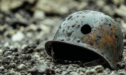 Weathered military helmet on ground.