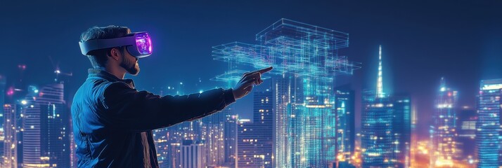 Aufkleber - An augmented reality architect designs glowing virtual buildings in a futuristic cityscape at night. Generative AI