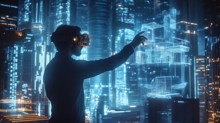 Aufkleber - An augmented reality architect designs futuristic buildings in a high-tech cityscape at dusk using immersive AR glasses. Generative AI