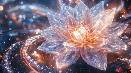 A stunning abstract flower with intricate, glowing petals, set against swirling trails of diamonds and precious jewels, creating a luxurious backdrop