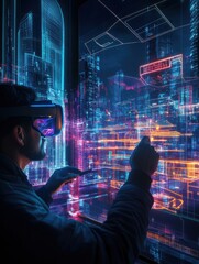 Aufkleber - An augmented reality architect designs glowing virtual buildings in a futuristic cityscape using AR glasses at night. Generative AI