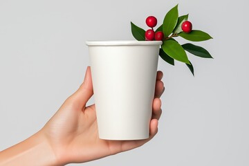 Poster - Hand holding a white cup with a leaf on it. The cup is made of paper. The leaf is red. white paper cup in hand with white New Year's decor on front