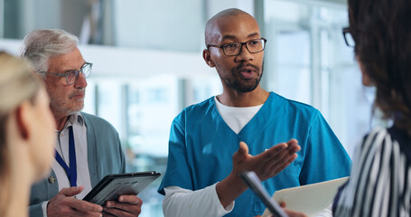 Aufkleber - medical team, tech and meeting in hospital for feedback, innovation and advice for surgery. surgeon,
