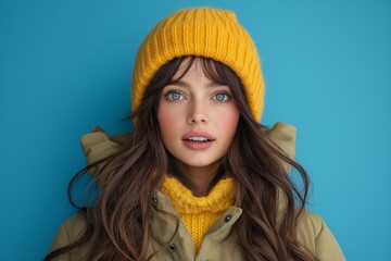 Poster - Woman wearing a yellow hat and a green jacket. She has blue eyes and a smile. Woman expression surprised portrait lifestyle black blue yellow smile fashion stylish trendy beaut