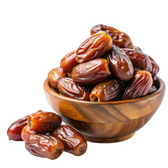 Packaging dates fruits in wooden bowl isolated on transparent background