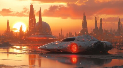 Sticker - Futuristic Cityscape with Spaceship at Sunset