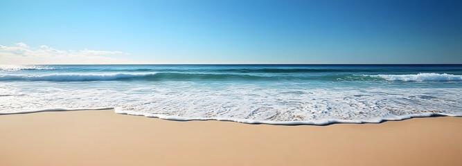 1. A picturesque summer beach scene featuring soft golden sand and gentle waves, with a clear blue sky overhead, creating an ideal backdrop with ample copy space for text or product mockup