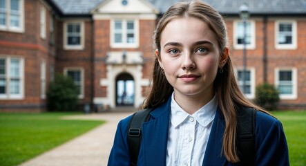 British girl university college student portrait on school campus background