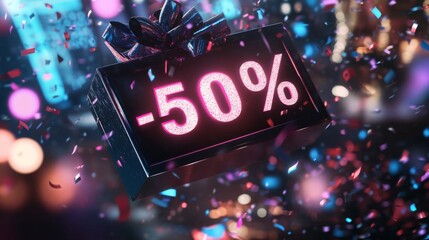 Leinwandbilder - A black gift box with a large pink 50 percent sign is suspended in mid-air. It is surrounded by falling confetti of red, blue, and pink