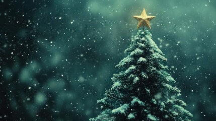 Wall Mural - green christmas tree, star, snow, copy space