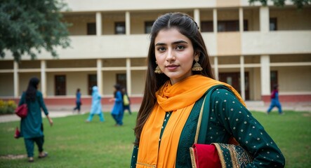 Wall Mural - Pakistani girl university college student portrait on school campus background