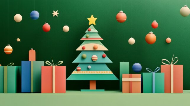 A festive scene with a green background, Christmas tree, and colorful gift boxes, adorned with ornaments, exuding holiday cheer